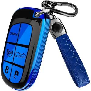 Compatible with Dodge, Jeep, Chrysler for Ram Charger Dart Durango Journey (2011-2025) Key Fob Cover & Leather Keychain, 5 Buttons Keyfob Case - Blue and Black