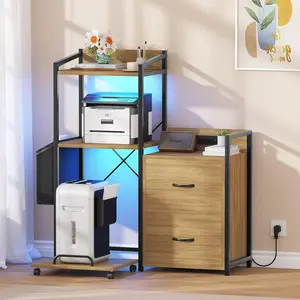 38" File Cabinet with LED Lights & Charging Station, Large 3-Tier Printer Cabinet with 2 Drawers, Industrial Office File Cabinet with Storage Shelves for Fax Machine, Shredder & PC Tower, Light Wood/Dark Brown