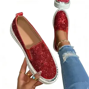 2026 New Elegant Sequined Lace-Up Flat Shoes for Women Rhinestone Elegance Sparkling Crystals Red Footwear Girl Classic Slipon Rubber Sole Non-Slip Round Toe Design