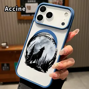 Magnetic Phone Case for iPhone 17 Pro Max 16 Plus 15 14 13 12 11 Air E Wolf's Moonlit Howl Pattern Acrylic Back Matte TPU Edges Anti-Fall Ultra Thin Phone Cover Shell