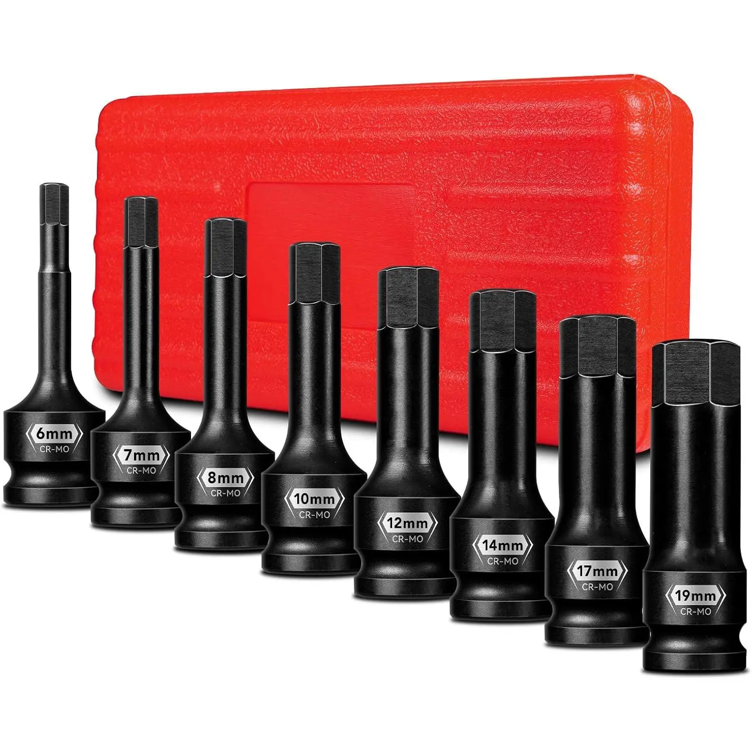 8 count 1/2 Inch Drive Allen Impact Socket Set, Metric Hex Socket 6 mm to 19 mm, Master Impact Grade Cr-Mo Steel with Heavy Duty Storage Case
