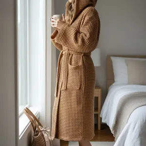 Hooded Premium Turkish Waffle Robe, 100% Cotton organic Bathrobe, Luxury Spa Robe, Lightweight Organic Cotton Robe for Women / Men (Dark gold)