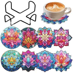 8-piece DIY Diamond Painting Coaster Kit, Lotus Pattern 5D Diamond Art Kit, includes cork mat, tool bag, and storage rack. Suitable for adults.