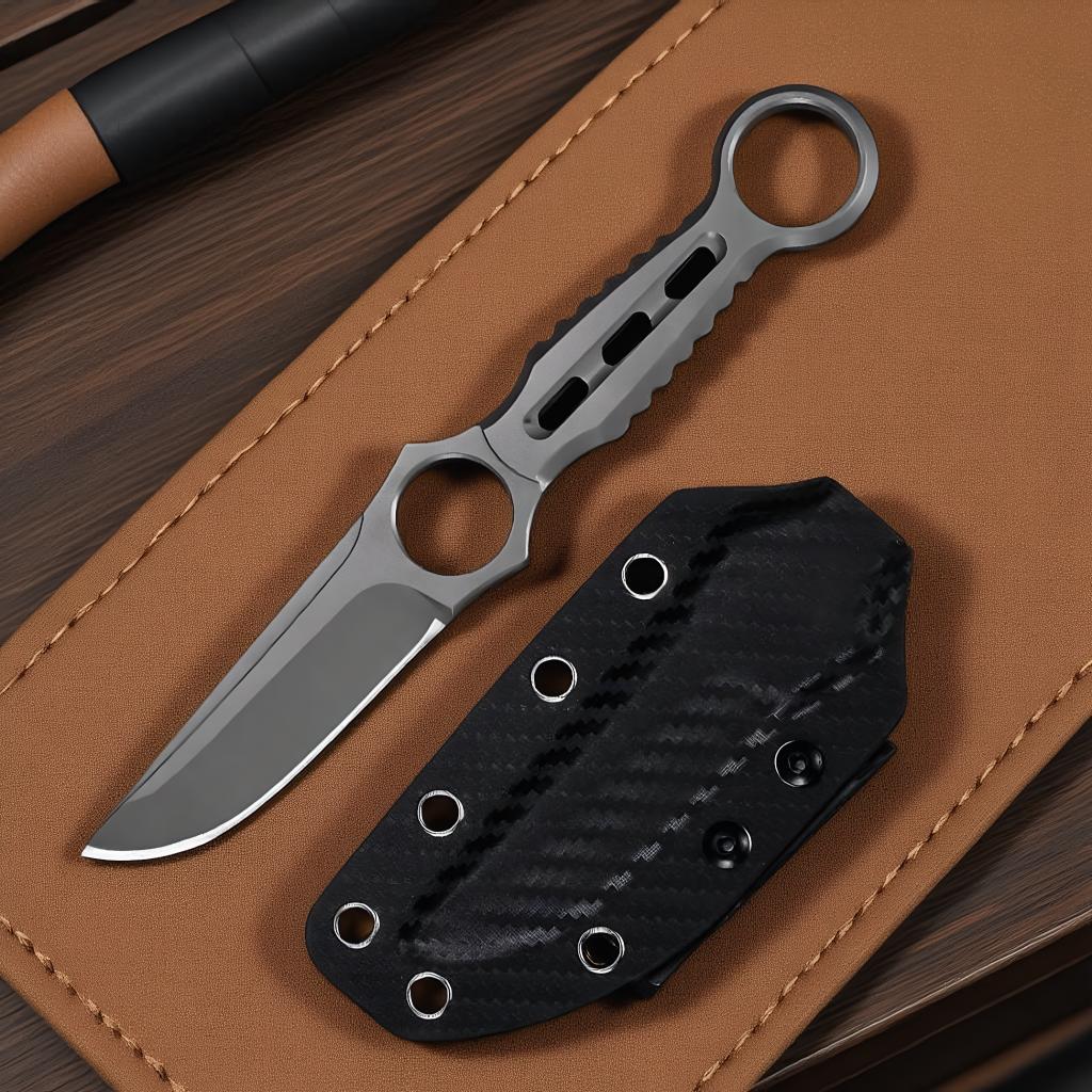 Dual Ring Handle Fixed Blade Knife with Kydex Sheath, EDC Outdoor Survival Tool for Camping Hiking