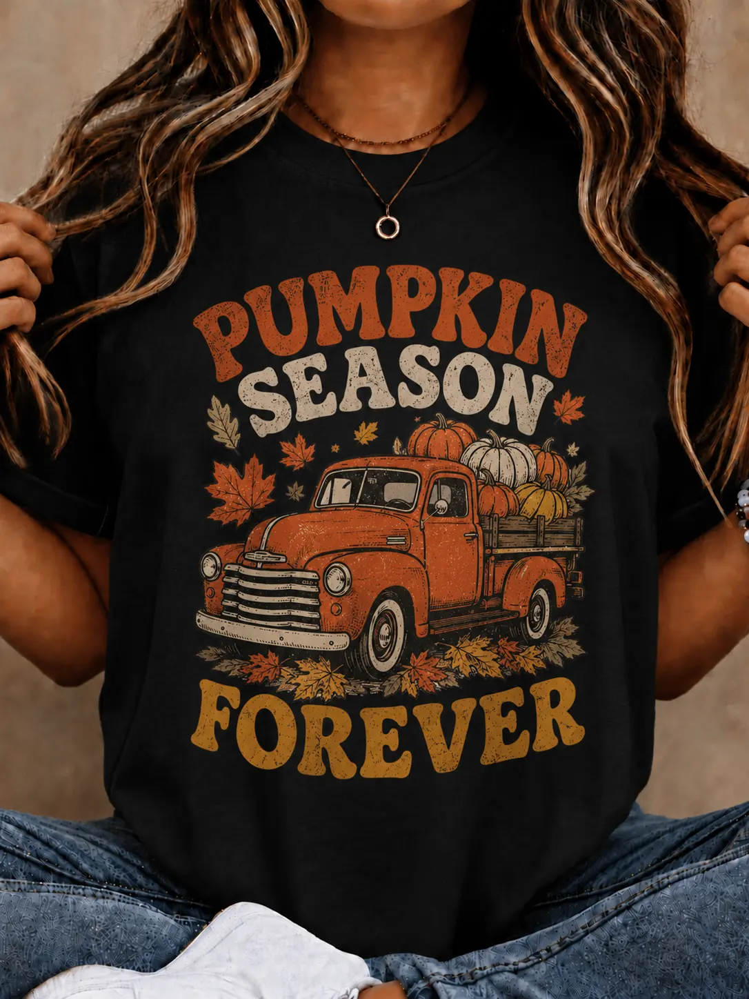 Women's Pumpkin Season Vintage Truck Graphic T-Shirt, Fall Fashion Casual Top