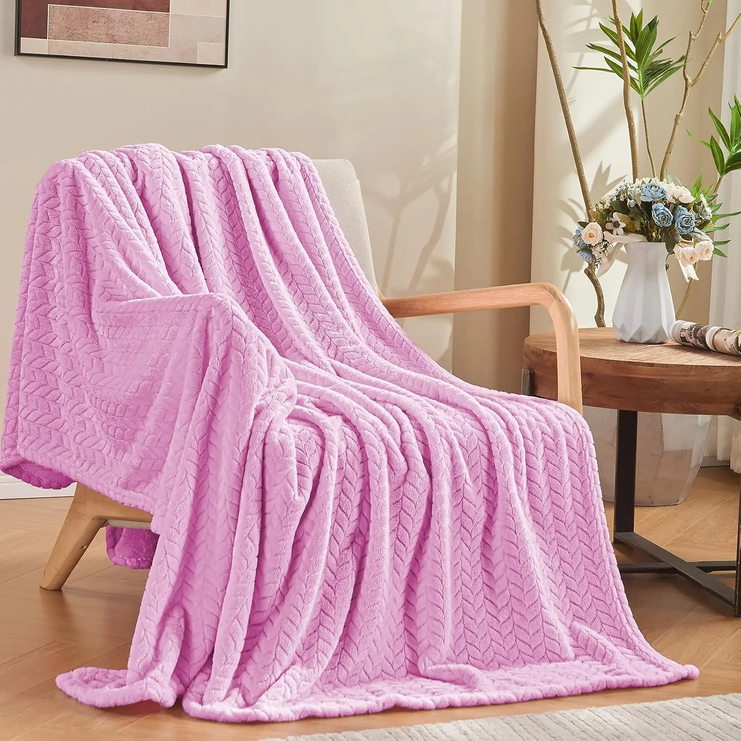 Durable Microfibre Flannel Throw Blanket - Purple, Teal, Sage Green, Hot Pink, Light Blue, 50x60 in, Modern, Machine Washable, for Couch & Lap, Watching TV, Elderly