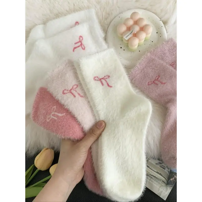 Women's Winter Socks Set, 5 Pairs Faux Fur Butterfly Knot Design, Cute Sweet Mid-Calf Sleepwear Warm Thickened Socks for