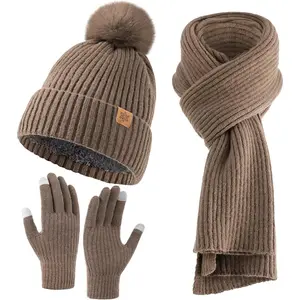 Womens Winter Beanie Hat Scarf Gloves 3 in 1 Set, Knitted Scarf and Hat Touchscreen Gloves Warm Gift for Women