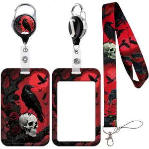 Crow Lanyard with ID Holder and Gothic Skull Retractable Badge Holder Reel Clip, Red Cool Lanyard Sliding Card Badge Cover for Work Name Tag