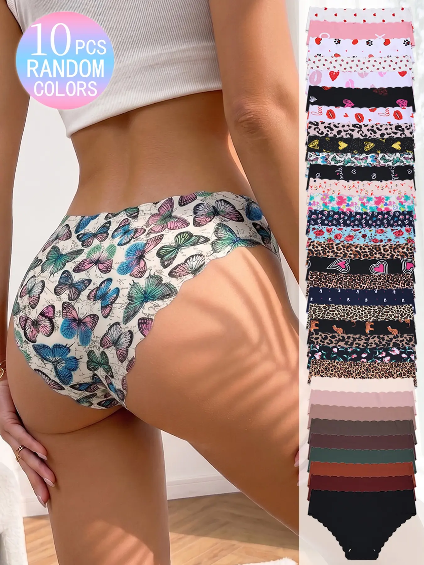10Pcs Random Color Women's Seamless Low-Rise Panties, Underwear, Wave Edge Design, Elegant, Leopard, Soft & Breathable Comfortable Briefs for Daily Wear