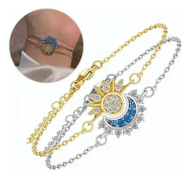 Sun and Moon Matching Bracelets for Couples, Hypoallergenic Copper with Gold-Tone Sun & Blue Rhinestone Moon, Adjustable with Lobster Claw Clasp, Birthday Gift, Christmas, Celestial Theme Bracelets & Bangles, 3.14 Inches, Matching Bf And Gf, Couple Matchi