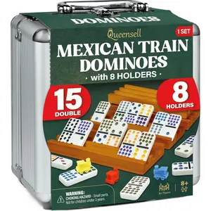 Queensell Mexican Train Domino Game Set with 8 Wooden Holders 136 Double-15 Tiles Strategic Family Board Games Portable Aluminum Case
