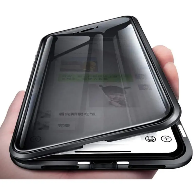 Double-Sided Tempered Glass Wireless Cellphone Case with Anti-Peeping Magnetic Metal Bumper - Shockproof Protector Accessory for iPhone 8 Plus,X,XR,XS,11,12 Mini,13,14,15 Pro Max Handheld Devices