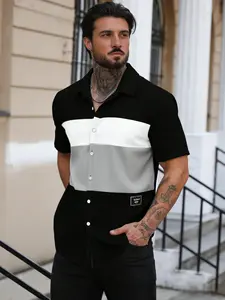 Men's Summer Plus Size Colorblock Shirt, Tall Striped Casual Short Sleeve Button Down, Comfortable and Stylish