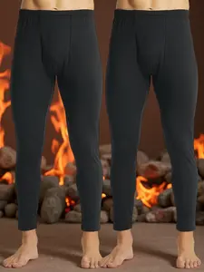 Men's Solid Thermal Lined Underwear Two-Piece Set, Casual Comfy Warm Skinny Legging Pants for Fall & Winter, Men's Underwear for Daily Wear