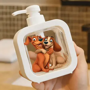 Creative Bathroom Dispenser with Hand Pump - Vibrant Disney-Inspired Cartoon Dogs Art, Two Animated Puppies Bonding, Reddish-Orange & Brown-White Pups, Cheerful Cartoonish Style, For Soap/Lotion Dispensing