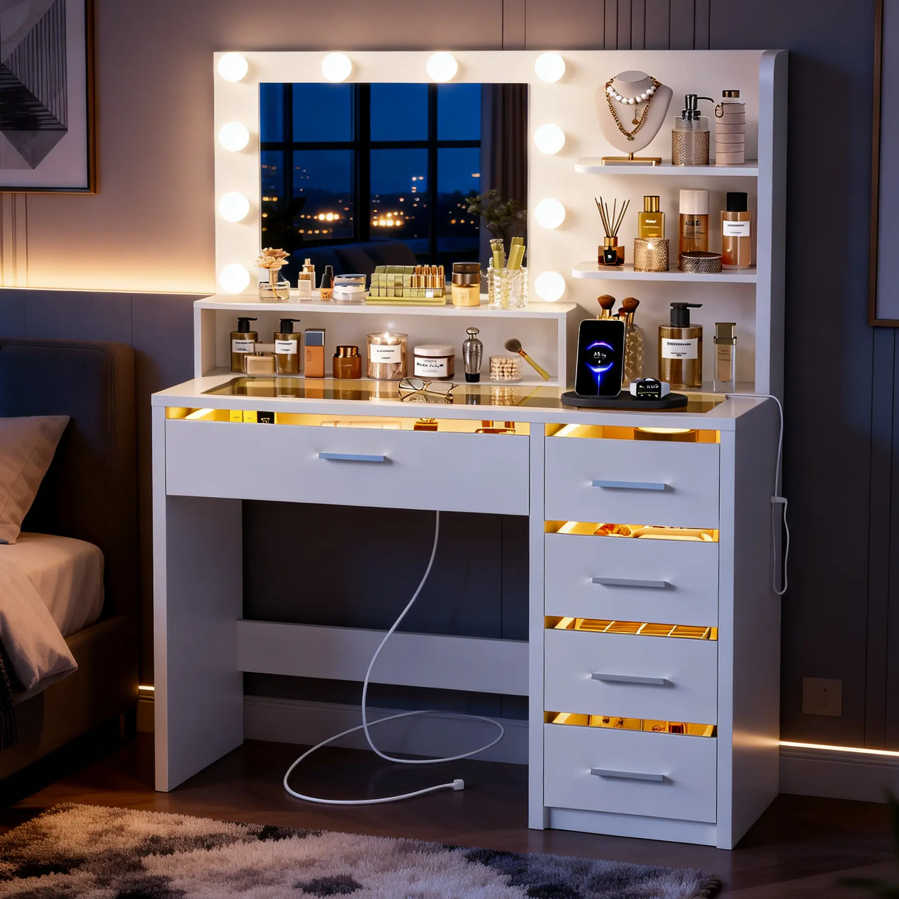 summergarden LED-Backlit Makeup Vanity Desk with Built-in Mirror - White, Glass Top, 3 Shelves, 4 RGB Drawers, Power Outlet, 3 Color RGB Lighting, Illuminated Base for Women's Bedroom, Led-Backlit Makeup Vanities