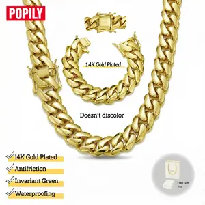 14K Gold Plated Heavy Mens Soild Cuban Link Chain Necklace/Bracelet Set Miami8/10/12/14/16/18/20/22MM Hip Hop Jewelry GiftValentine's Day Gift