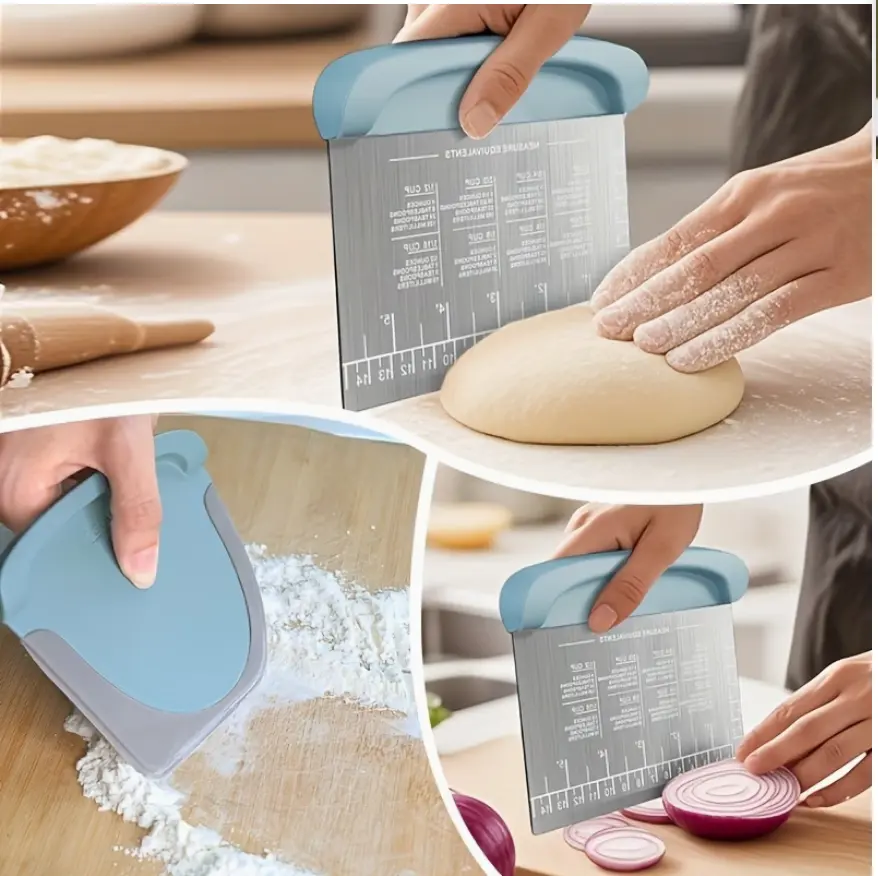 2Pcs Bench Scraper & Chopper for Baking Dough Cutter with Measuring Scale, Flexible Bowl Scrapers for Bread Dough Cake Pizza Sourdough Stainless Steel Multi-Purpose Kitchen Gadgets Dishwasher Safe