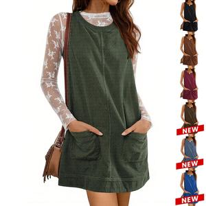 Ommig Women's Basic Sleeveless Corduroy Overall Dress - Casual Round Neck, Short A-Line Skirtall Jumper, Minimalist Pinafore with Pockets, Valentine's Day Outfit