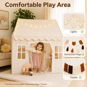 Kids Indoor Camping-Inspired Play Tent with Mat, Tassel Garland, Star Lights - Portable Play Area, Birthday Gift for Kids