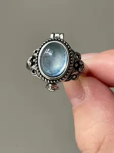 Vintage Silver Color Light Blue Crystal Adjustable Ring, Women's Tail Ring Party Jewelry, Elegant Fashion Accessory, Vintage Oval Starburst Ring, Vintage Rings