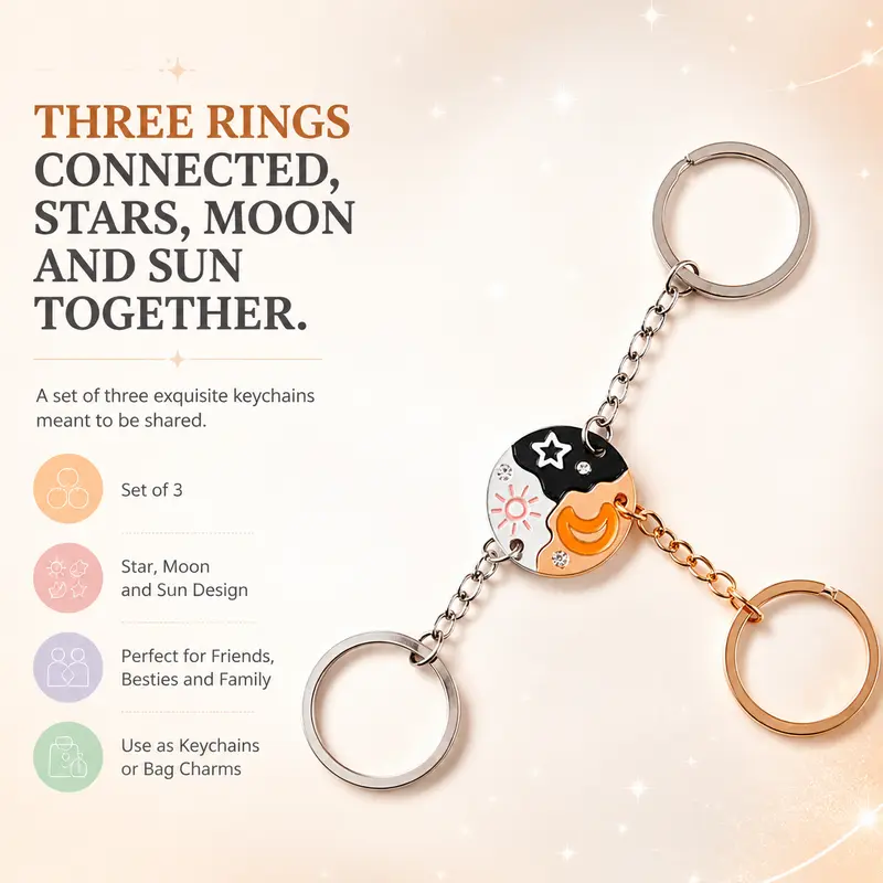 Women's Basic 3-Piece Cosmic Keychain Set - Celestial Sun Motif, Moon-Themed, Star Puzzle Split Circle Pendants, Casual Multiple Charms Keyrings for Keys, Everyday Carry Birthday Gifts for Women