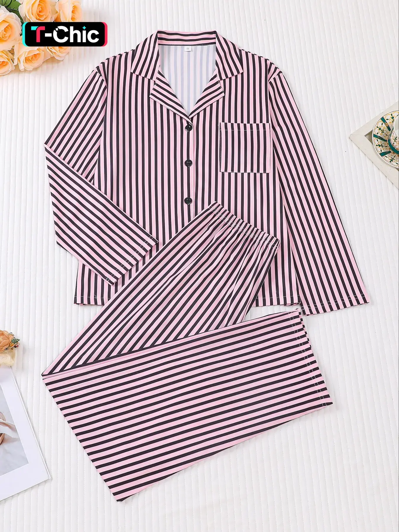 Women's Striped Print Pocket Shirt & Pants Pajama, Casual Comfy Long Sleeve Top & Trousers Pj Set, Ladies Sleepwear for All Seasons, Loungewear, Nightwear Lounge Set, Cute Loungewear