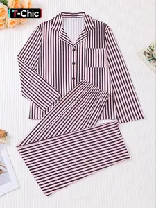 Women's Striped Print Pocket Shirt & Pants Pajama, Casual Comfy Long Sleeve Top & Trousers Pj Set, Ladies Sleepwear for All Seasons, Loungewear, Nightwear Lounge Set, Cute Loungewear