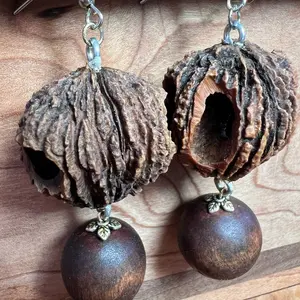 Whole Black Walnut Shell Earrings with Wooden Bead