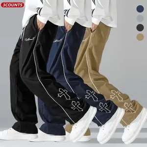 Men’s color-block sweatpants, 3-pack; white side stripes and embroidered design; casual fitness wear; loose athletic pants; trendy street-style jogger pants; drawstring waistband; straight cut; polyester fabric