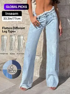 Women High Waist Raw Hem Baggy Denim Jeans, 2026 T-Chic All-Season Versatile New Hit Outdoor Casual Pants, Comfortable Outdoor Wear, Stylish Ladies' Bottoms