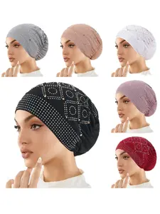 Women's Crystal Embellished Headscarf Hat Turban Hijab, Pure Color Small Base Cap, Fashionable Rhinestone Design, Casual Daily Wear Accessory Modest