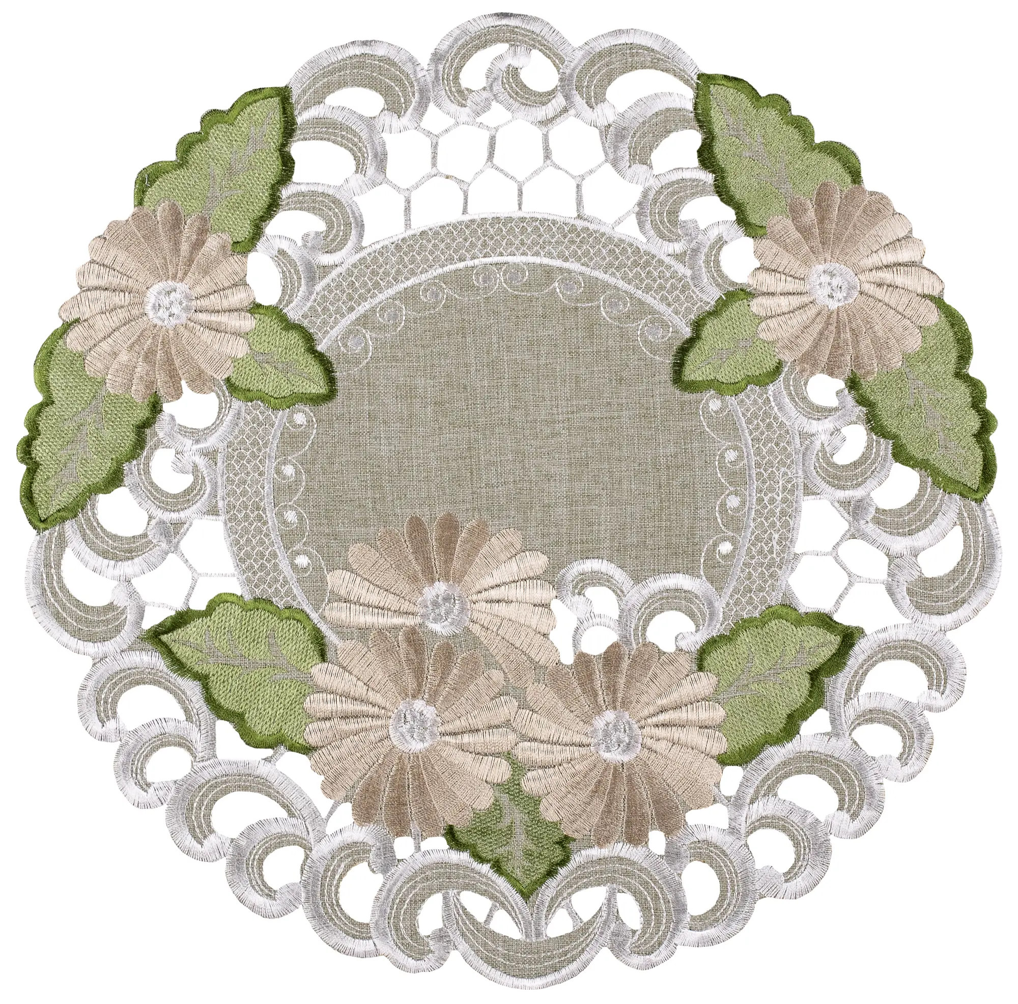 Linens Art And Things 16" Round Sage Green Table Doily Mats - Fleur Latte Gold Daisy Design, Household Kitchen Textiles Soft Furnishings