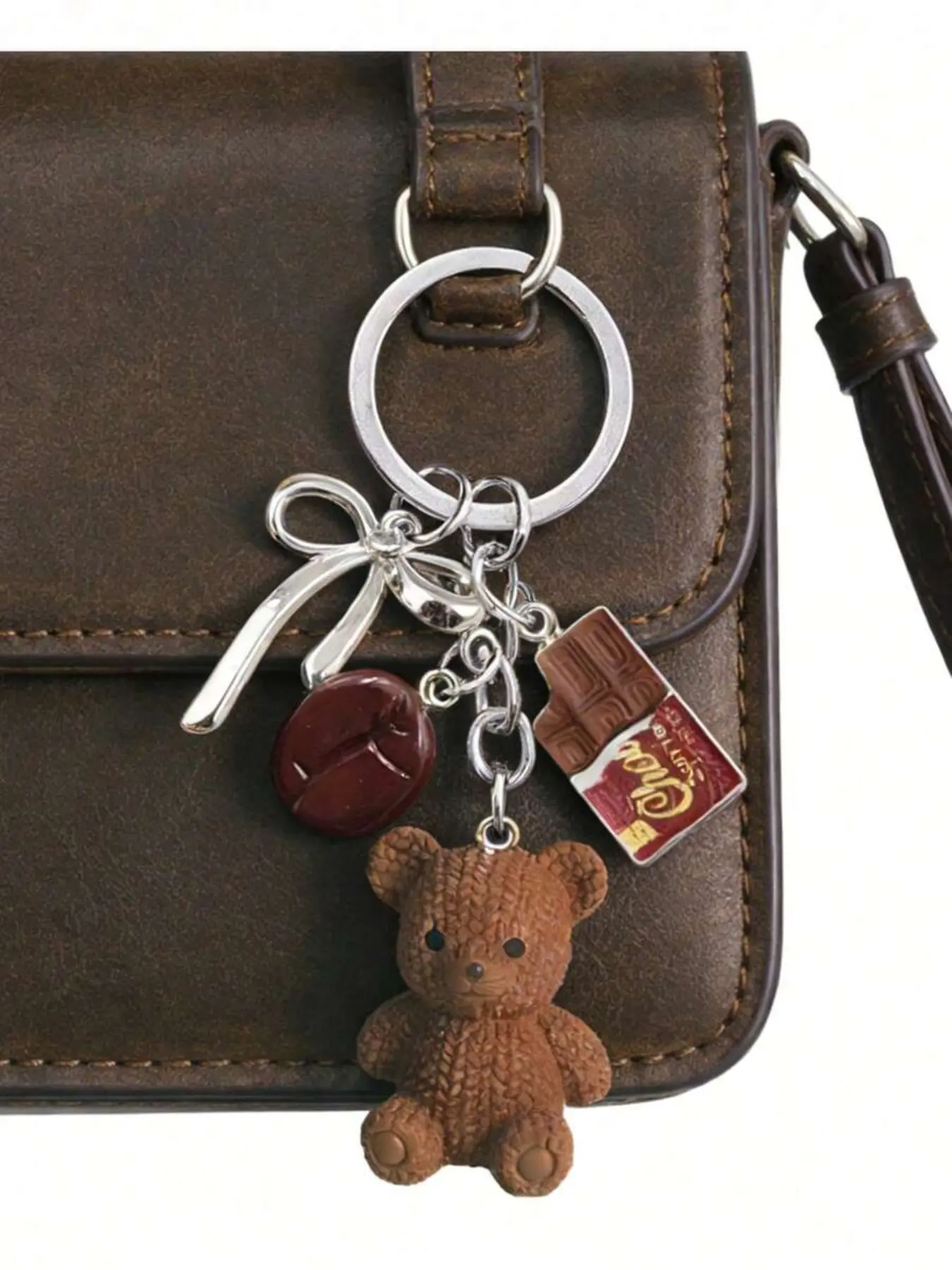 1pc Coffee Teddy Bear Keychain Pendant, Kawaii Bear Pendant Purse Charm With Coffee Bean & Chocolate Design, Fashion Handbag Accessory Key Ring For Women Girls, Aesthetic Bag Decoration For Tote Shoulder Bag Backpack
