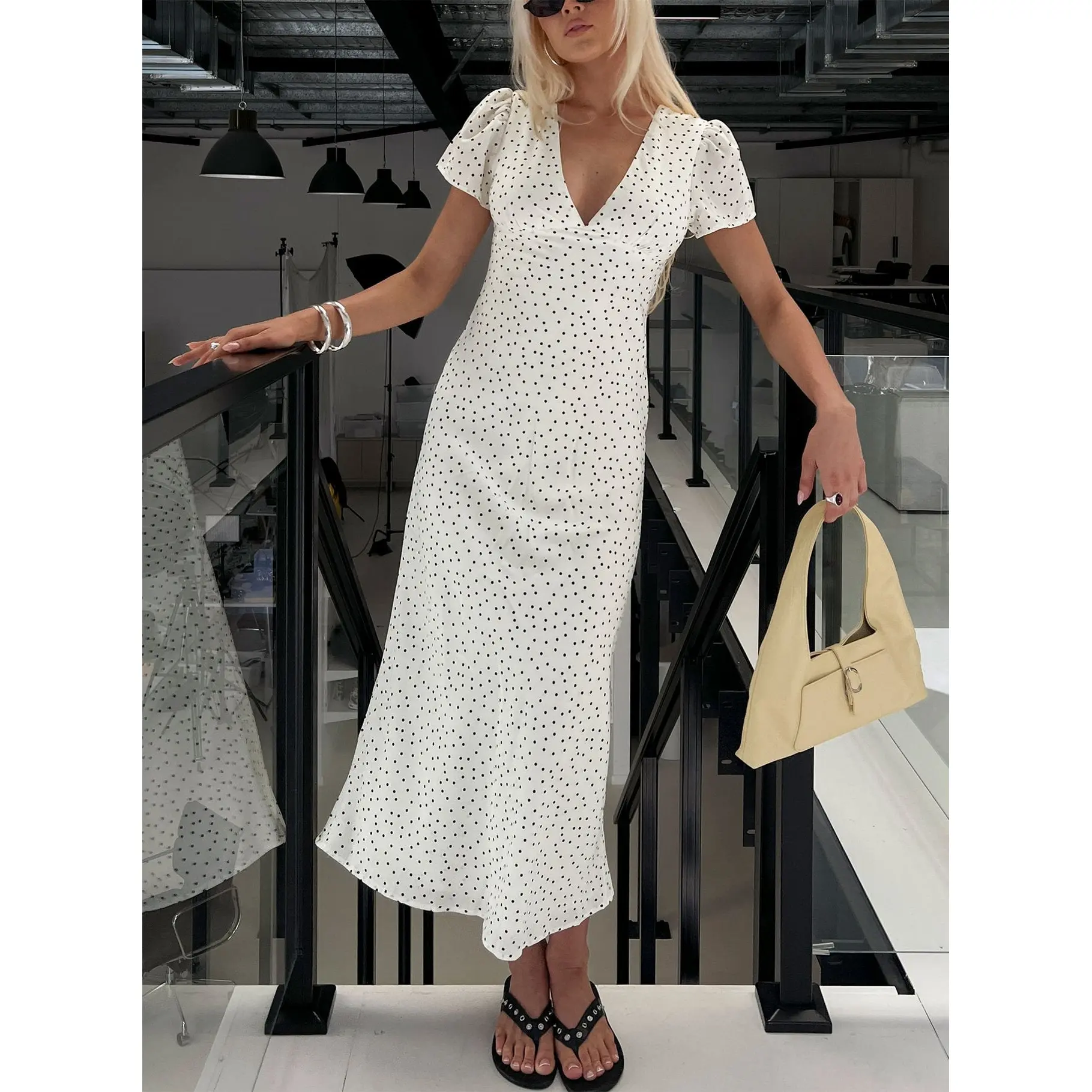 Mareiko V Neck Maxi Dress Cream Polka Dot