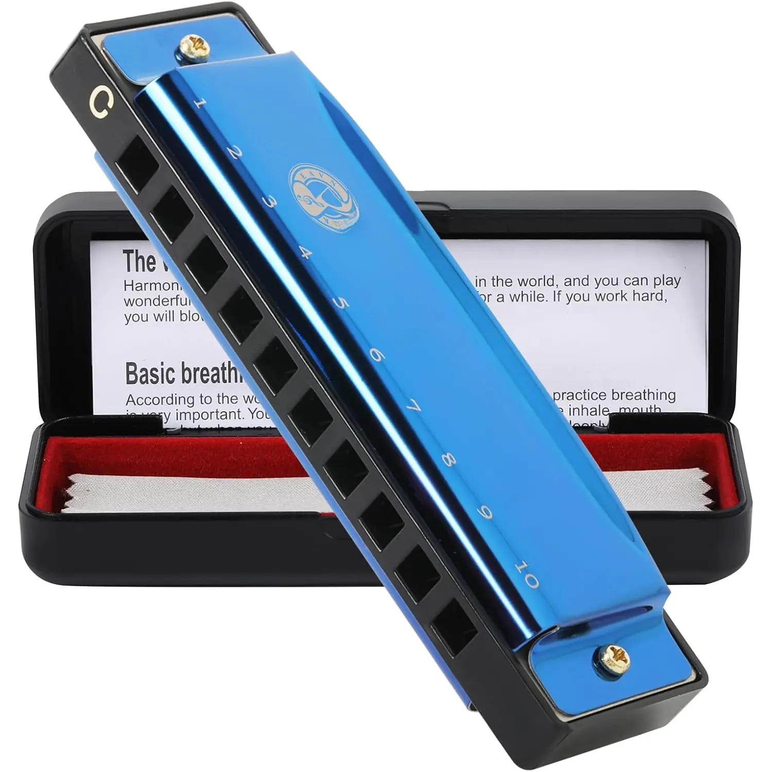 10 Holes 20 Tones Blues Harp Mouth Organ Harmonica, Diatonic Blues Harmonica Key of C, For  Adults Student Beginners Professionals, with Hard Case and Cleaning Cloth (Blue)