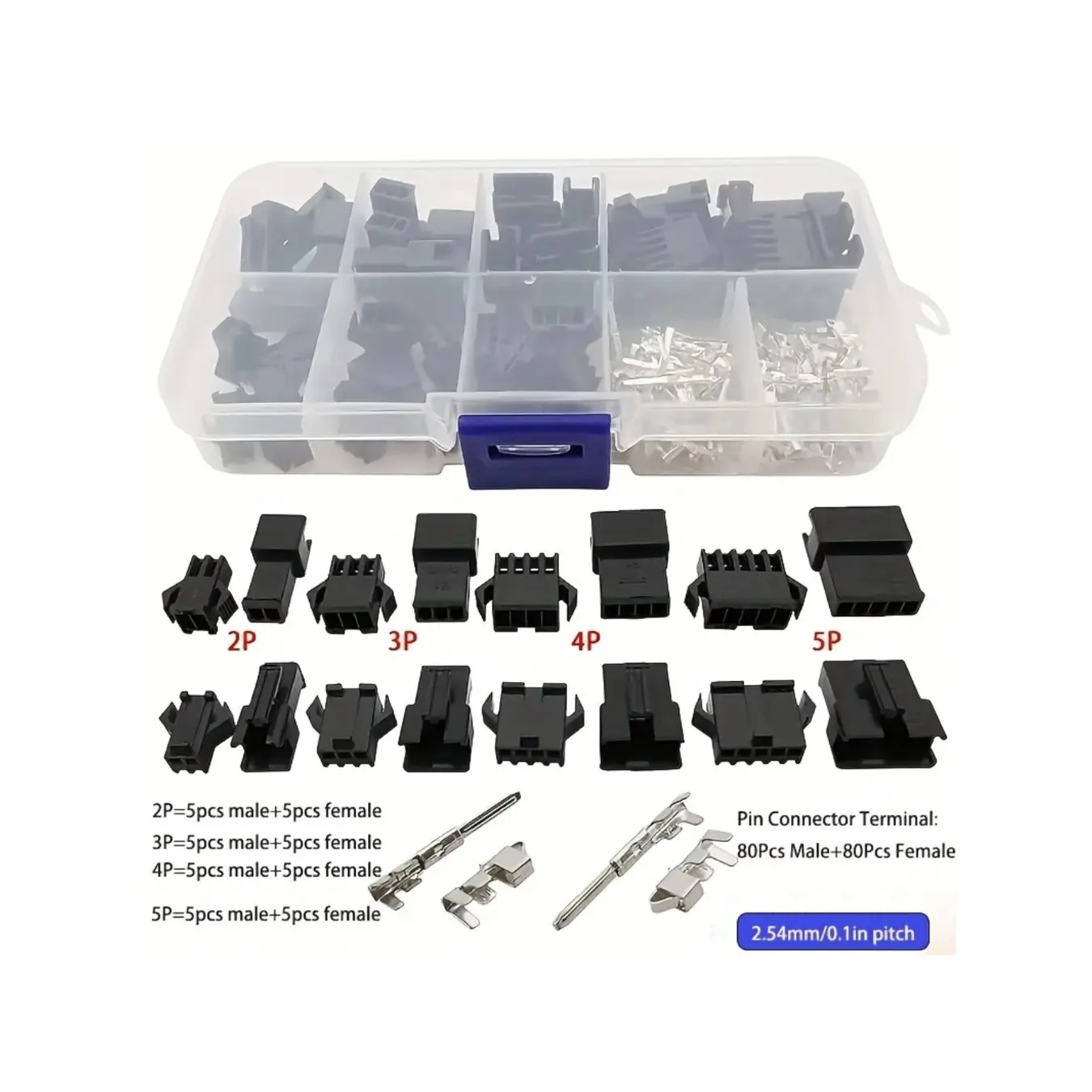 200pcs 2.54mm Pitch JST SM Terminal Connector 2/ 3/ 4/ 5pin Male/ Female Shell Crimp Terminal Connector Wire Terminal Connectors Wiring Connectors Kit