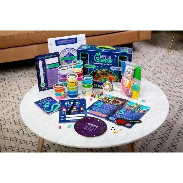 My Lil Startup Growth Bundle Kids Slime Business Kit with 20 Pre-Made Slimes Tablecloth Decorations Sale Guide Flyers for Entrepreneurial Success