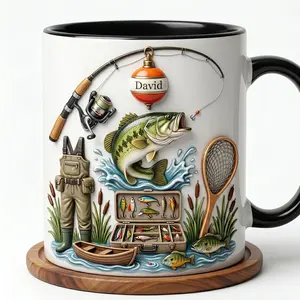 Custom Fishing Dad Mug 2D Printed 3D Effect Tackle Box Fisherman Coffee Cup, Personalized Name Bass Angler Gift for Dad Grandpa, Durable Ceramic Mug for Fishing Lover, Father’s Day Birthday Appreciation Gift Idea for Him