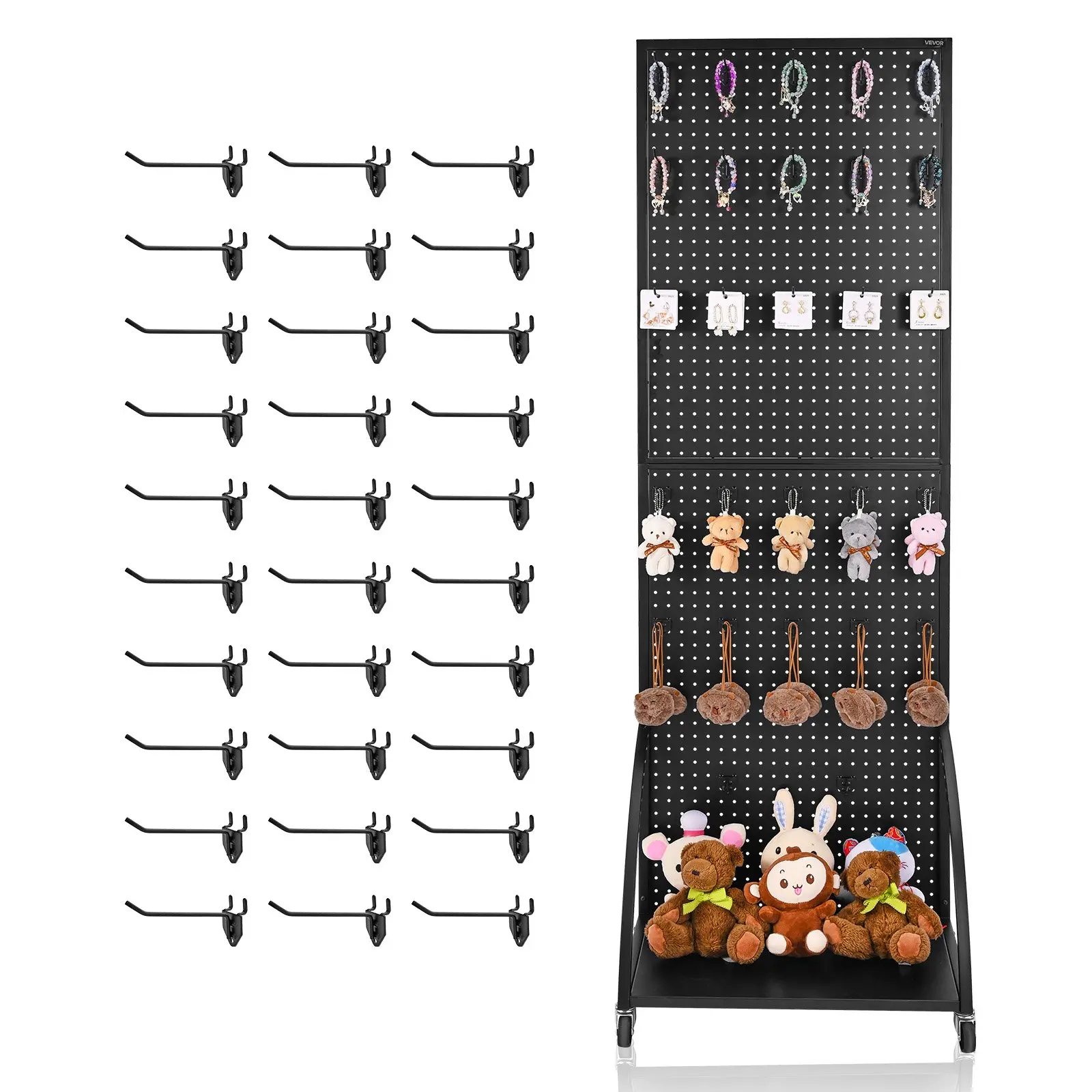 VEVOR Standing Pegboard Display with Base Plate, 23.7x 66 in Pegboard Display Stand with Casters and 30 Hooks, Thickened Cold-Rolled Steel Peg Board Panel for Retail Store and Jewelry Shop, Black