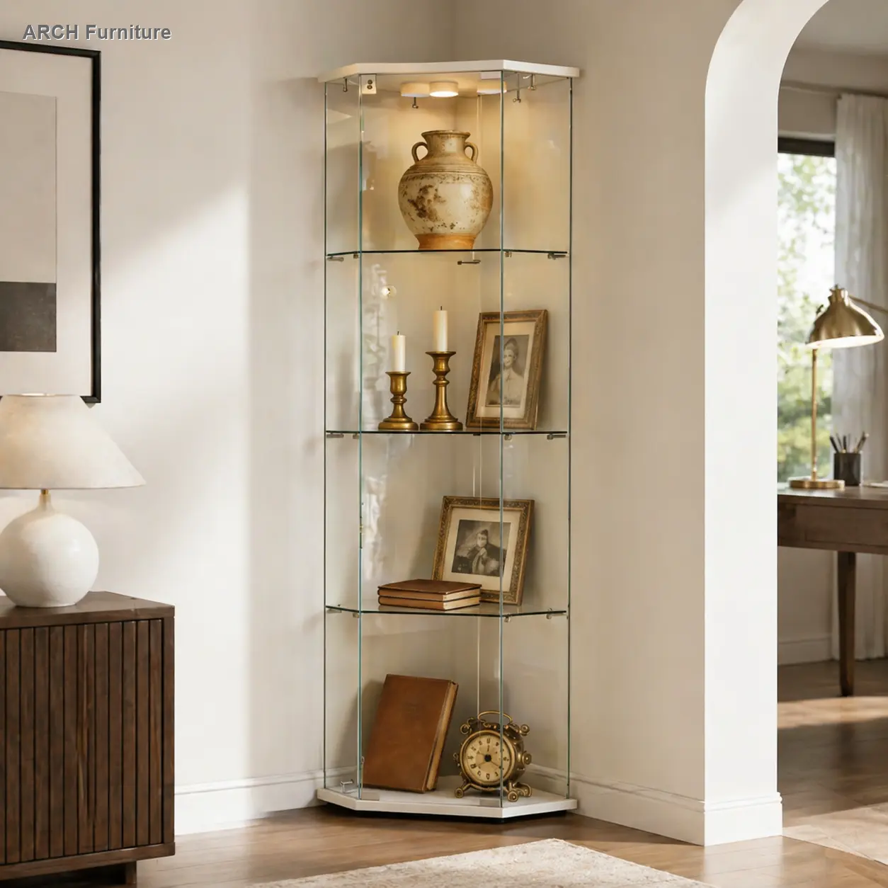 ARCH Tempered glass five-sided display cabinet,corner cabinet,liquor cabinet,with running lights,with locks,bottom equipped Adjustable foot,for various floors,living room,corridor,office, white, Living Room Decor, Furniture For Room