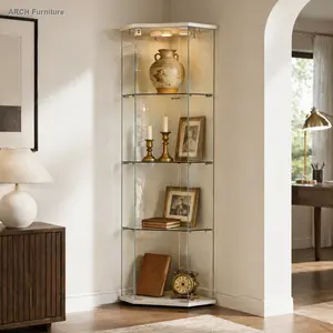 ARCH Tempered glass five-sided display cabinet,corner cabinet,liquor cabinet,with running lights,with locks,bottom equipped Adjustable foot,for various floors,living room,corridor,office, white, Living Room Decor, Furniture For Room