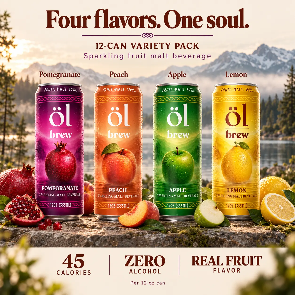 öl brew Variety Pack Sparkling Malt Beverage — 45 Calories, Real Fruit & Malt, Non-Alcoholic, Nothing Artificial (12-Pack, 4 Flavors, 12oz) - title