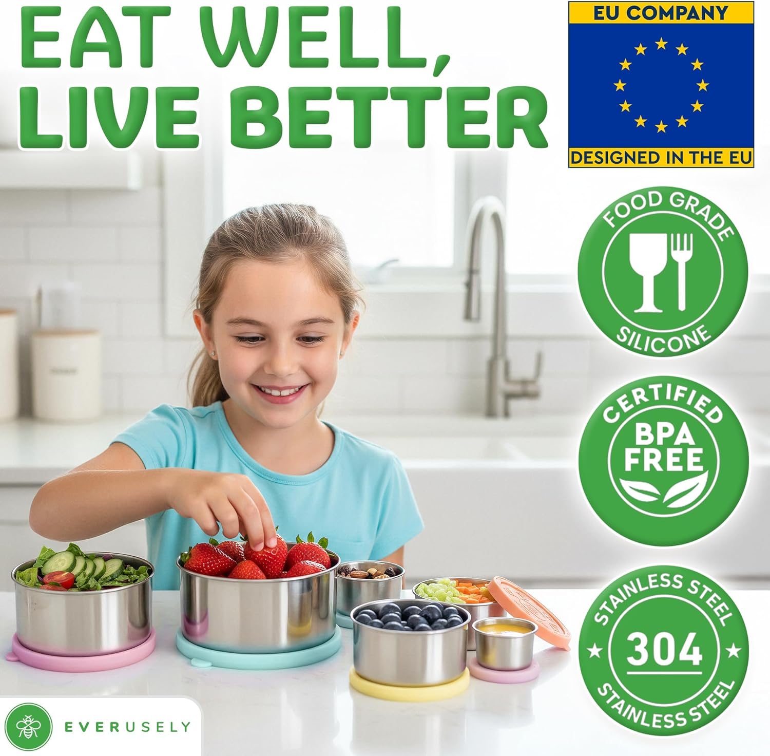 Everusely - Stainless Steel Food Containers - 4 Pack, Garden Harvest - Metal Lunch Box - Nesting Snack Containers for Office, Home Food Storage - Leakproof Silicone Lids - Dishwasher and Freezer Safe Everusely - Stainless Steel Food Containers - 4 Pack, Garden Harvest - Metal Lunch Box - Nesting Snack Containers for Office, Home Food Storage - Leakproof Silicone Lids - Dishwasher and Freezer Safe