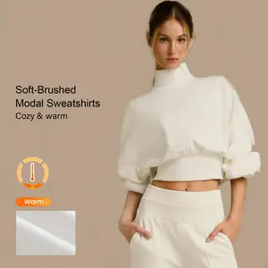 GLOWMODE Modal Soft Warm Curved Bubble Hem Waist Length Oversized Ribbed Cuffs High Neck Pullover Sweatshirt Daily