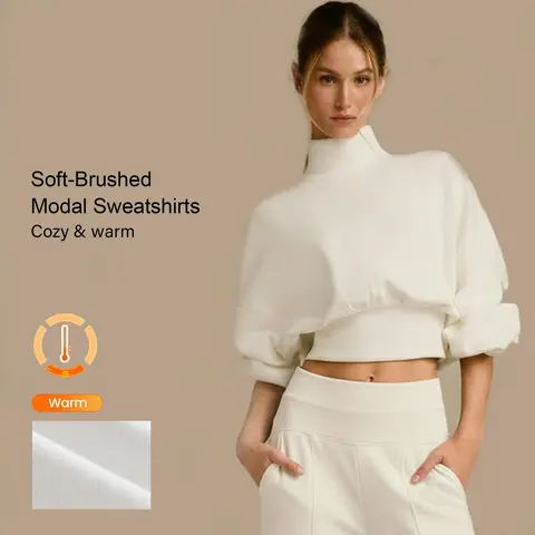 GLOWMODE Modal Soft Warm Curved Bubble Hem Waist Length Oversized Ribbed Cuffs High Neck Pullover Sweatshirt Daily