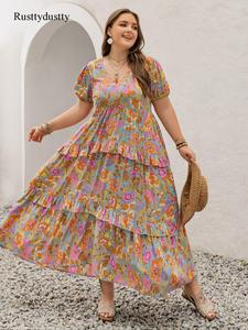 plus size floral print puff sleeve tiered layer ruffle hem a line dress, boho fashion short sleeve v neck long dress for daily holiday vacation wear, women plus clothing for all seasons, casual wear, lady clothing