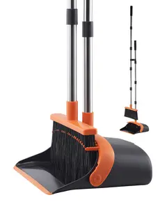 VEVOR Broom and Dustpan Set, Heavy Duty Dustpan and Broom Combo with Self-Cleaning Teeth, Metal Upright Standing Dust Pan with Long Handle, Ideal for Home, Restaurant, Office, Dorm, Black+Orange