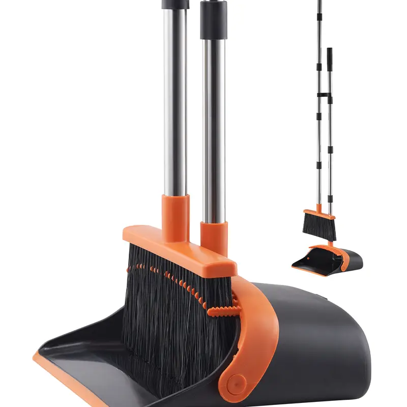 VEVOR Broom and Dustpan Set, Stainless Rustresist Steel Dustpan with Brush, Heavy-Duty Combo with Self-Cleaning Teeth, Upright Standing, Adjustable Long Handle, Snug Floor Grip, Flexible Dust Removal, Black+Orange Home Floor Care Easy House Cleaning Tools
